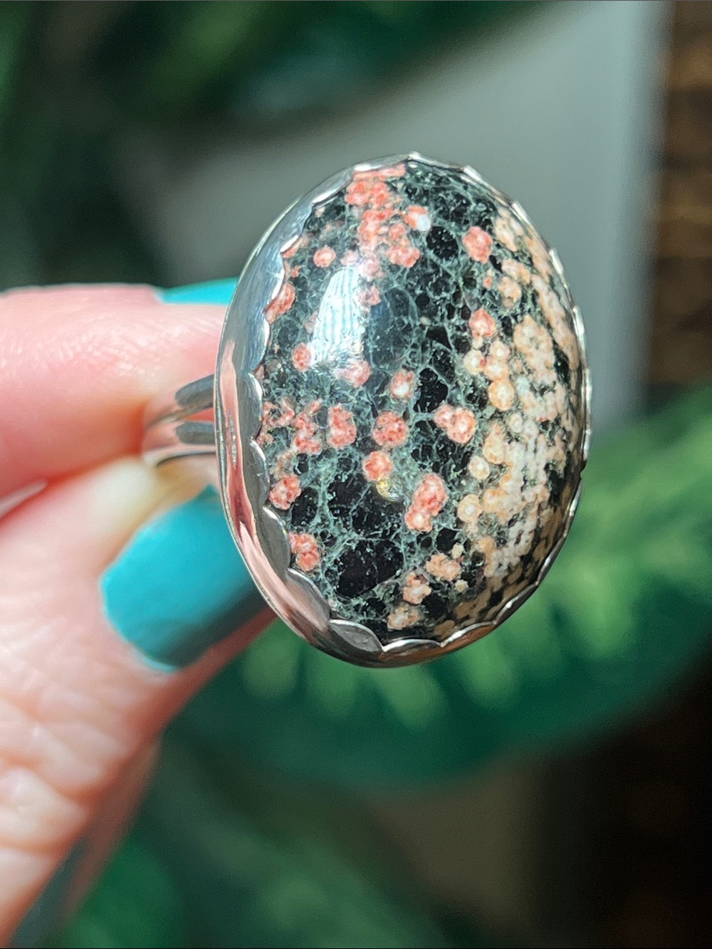 CHUNKY Vintage Artisan Signed Oval Leopard Jasper Sterling Silver Statement Ring